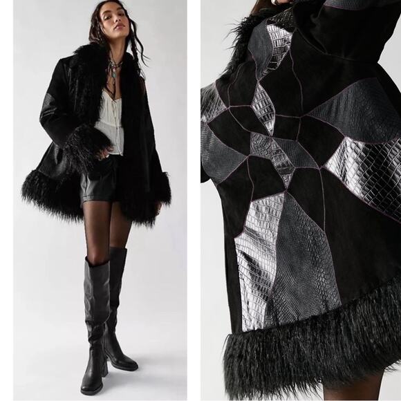 Free People Beatrix Patchwork Fur Hem Black Leather Coat Size XS - Picture 1 of 11